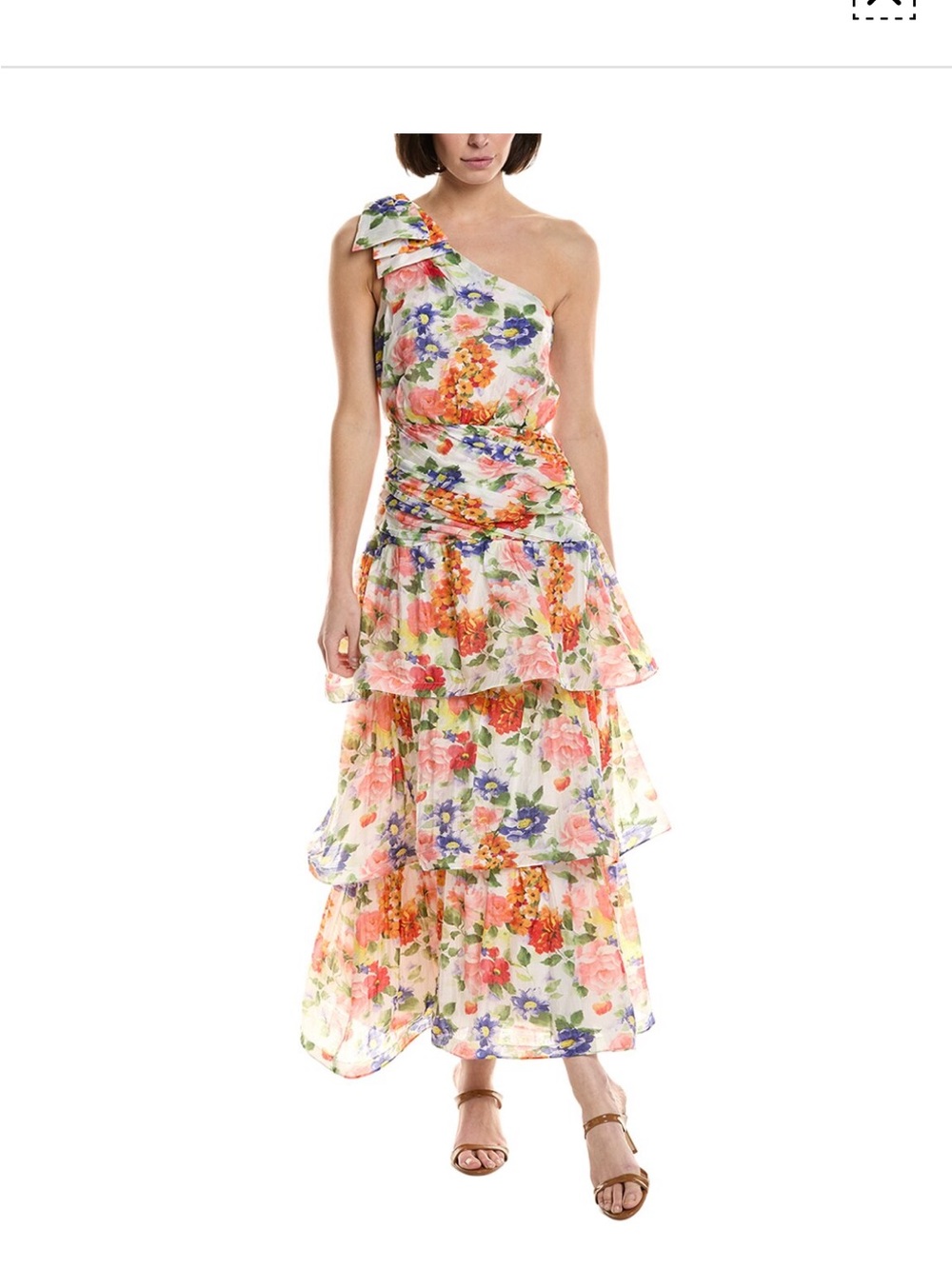 Astr Floral One-Shoulder Tiered Maxi Dress in White with Pink, Orange, Purple